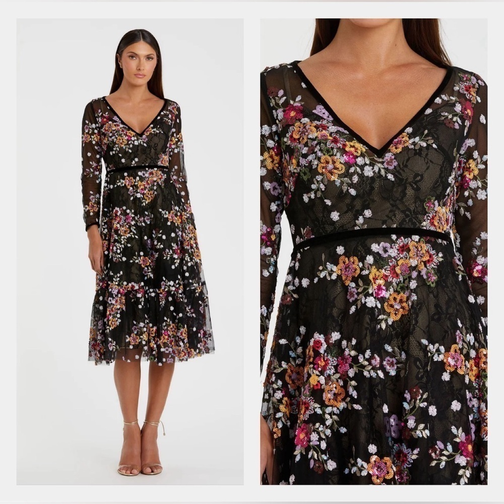 Mac Duggal 67499 NWT Black Floral Embroidered Tea Length Dress